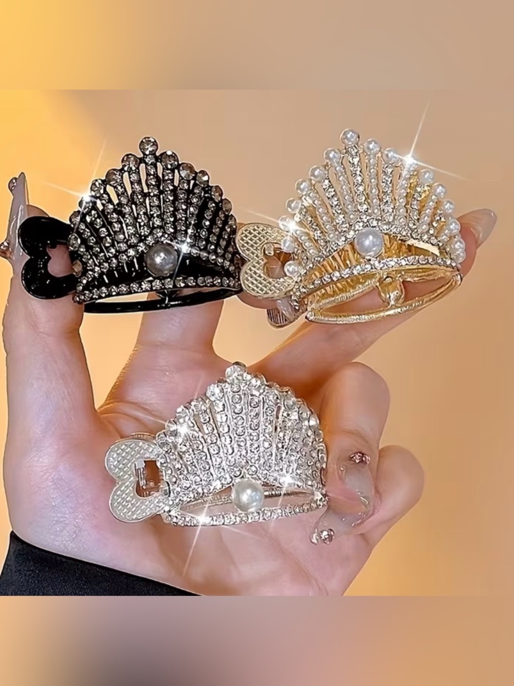 Elegant Pearl & Crystal crowns Hair Clip - Black, Gold, Silver
